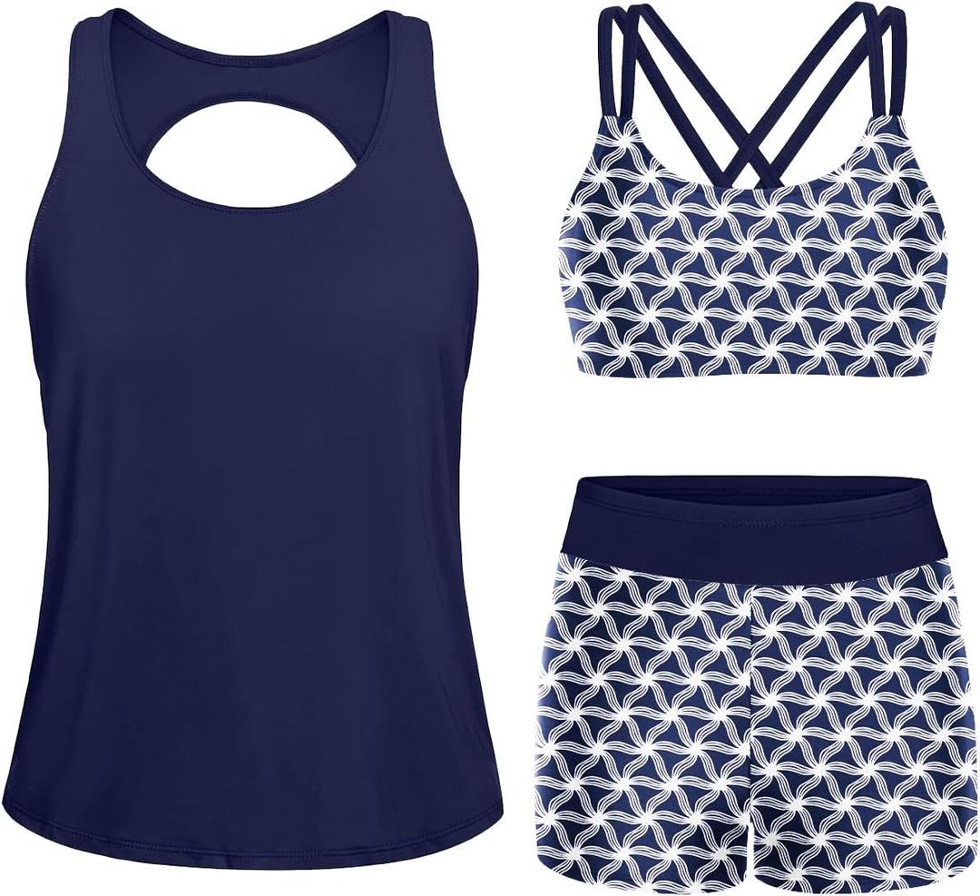 Yonique 3 Piece Tankini Swimsuits for Women Swim Tank Top Bathing Suits with Boy Shorts and Bra Athletic Swimwear (XX-Small, Blue)