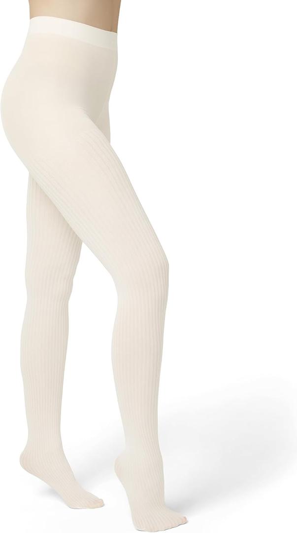 HUE Women's Opaque Tights with Control Top Sheer Rib Chevron Metallic Dotted Backseam Shimmer Diamond, Ivory - Sheer Rib, Medium-Large