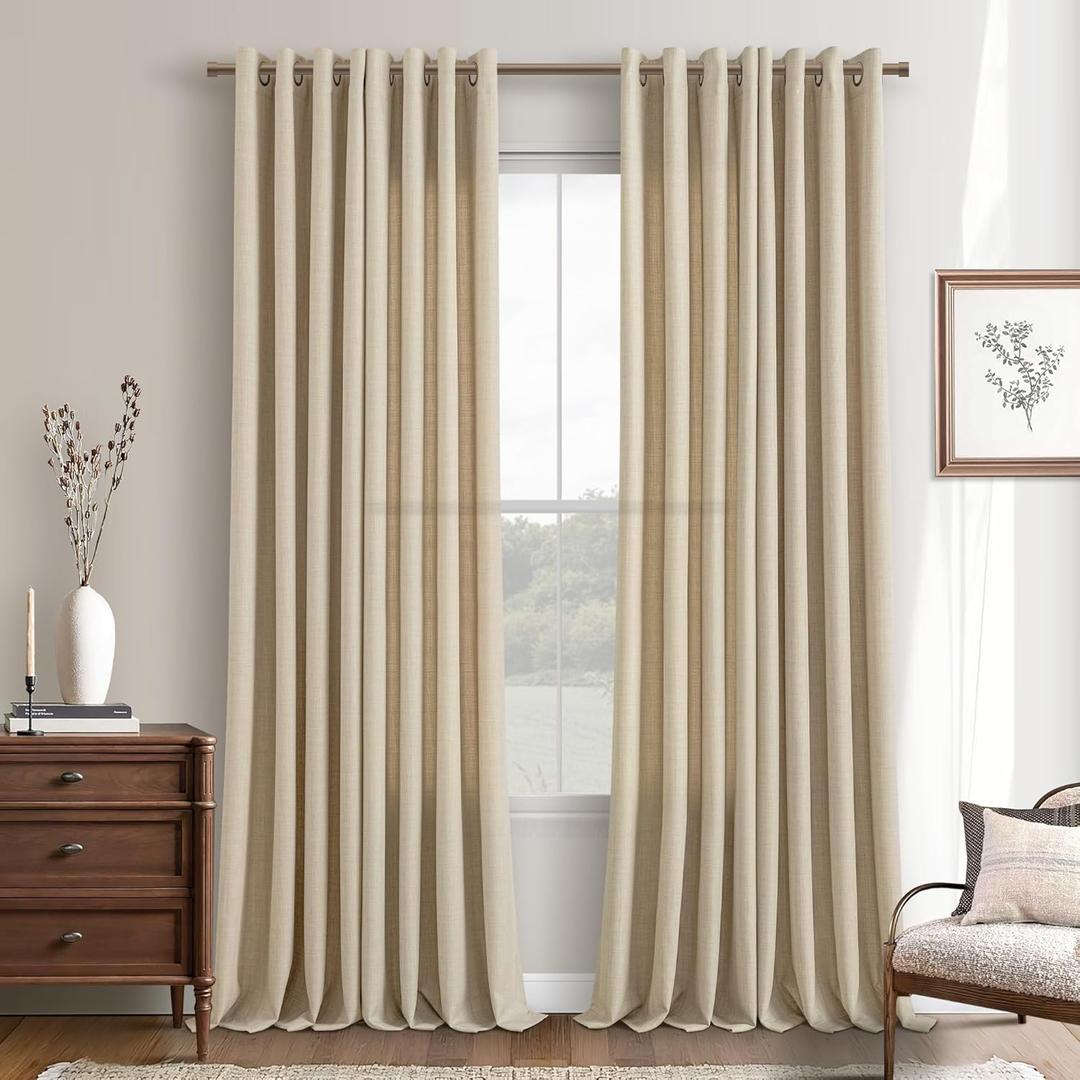Beige Sand Linen Semi Sheer Curtains 102 Inches Length Long Grommet Bronze Rings Top Boho Farmhouse Neutral Window Curtains Drapes for Bedroom Living Room Large Window Sliding Glass Door 2 Panels Set (Oatmeal)