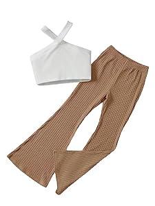 WDIRARA Girl's 2 Piece Outfits Crisscross Crop Halter Top and Rib Knit Flare Leg Pants Set Khaki 11-12Y