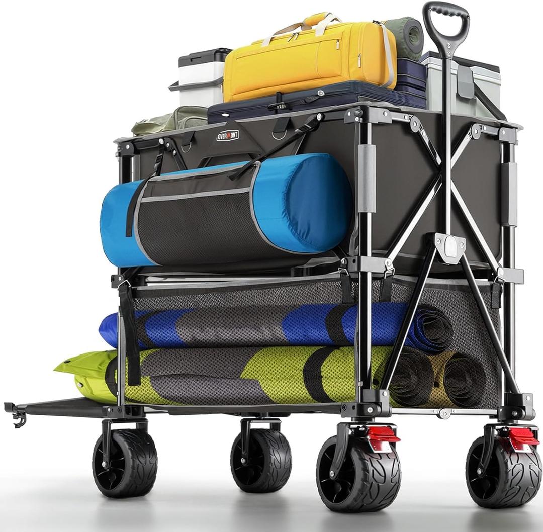 Overmont 400L Foldable Double Decker Wagon - Large Capacity Collapsible Wagon Cart- 47" Extra Long Extender - All-Terrain Big Wheels for Camping, Football Game, Sports Events, Support Up to 450lbs (Black)