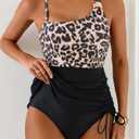 Aidonger One Piece Swimsuit Tummy Control Mesh Swim Dress Ruched Bathing Suit One Shoulder Swimdress Side Tie Swimwear, Large