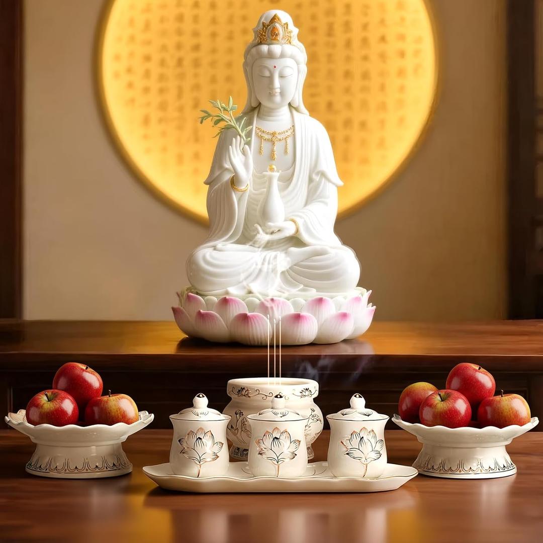Buddhist Altar Supplies Set - White Ceramic with 3PCS Holy Water Cups, Fruit Plate & Incense Burner for Buddha Worship & Shrine Buddhist Religious Supplies Buddhist Shrine Accessories