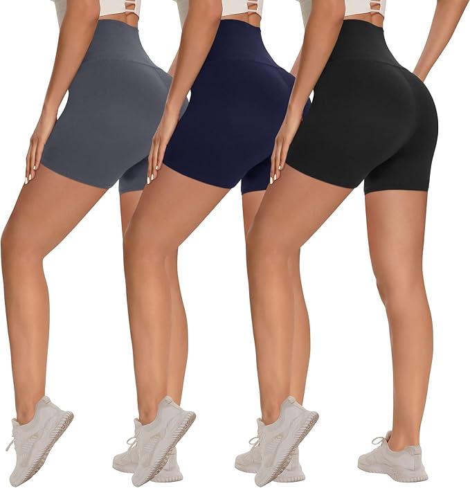 3 Pack Biker Shorts for Women – 8"/5"/3" High Waisted Tummy Control Workout Yoga Running Athletic Shorts,  L/XL Pack of 3