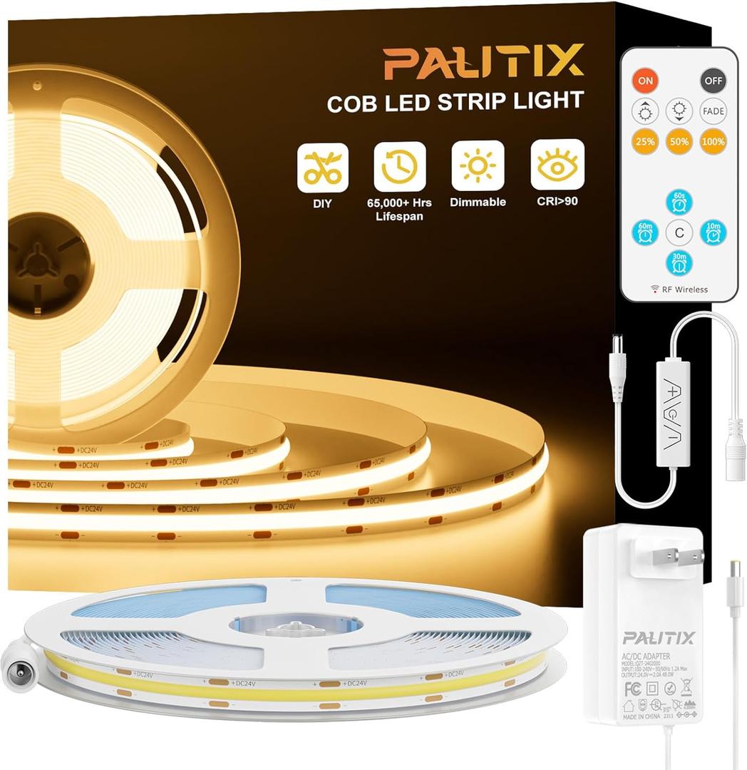 PAUTIX COB LED Strip Light 16.4ft,Engineering Level UL Listed Warm White 2700K,CRI93+ Super Bright High Lumen,Dimmable 24V Flexible LED Tape Light with RF Remote,for Cabinets,Home&Office DIY Lighting