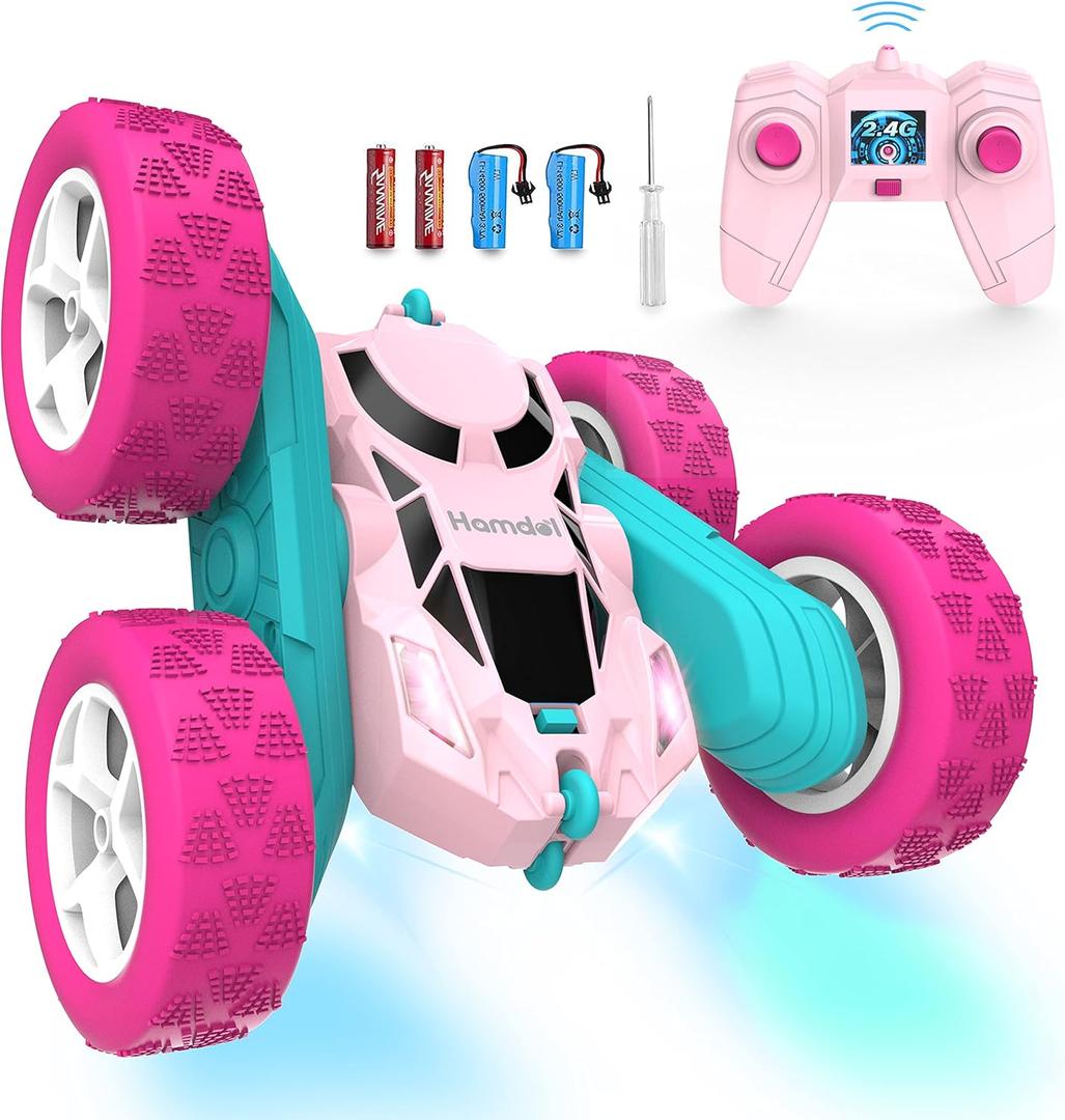 Pink Remote Control Car for Girls, 360 Flipping Stunt Car with LED Headlights, Rechargeable 4WD Electric Toy Vehicle, Princess Gift for 6 7 8 9 10 11 Year Old Girls, Birthday & Christmas Toy