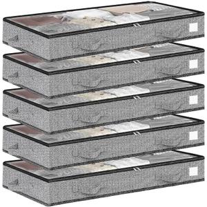 5Pack under bed storage Transparent plastic visual window containers Below bins 4.5 Inches Low Profile Under Organizer Clothes bag with Sturdy Sidewalls and Bottom