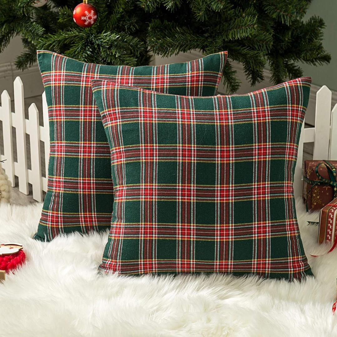 AQOTHES Pack of 2 Christmas Plaid Decorative Throw Pillow Covers Scottish Tartan Cushion Case for Farmhouse Home Holiday Decor Red and Green, 20 x 20 Inches