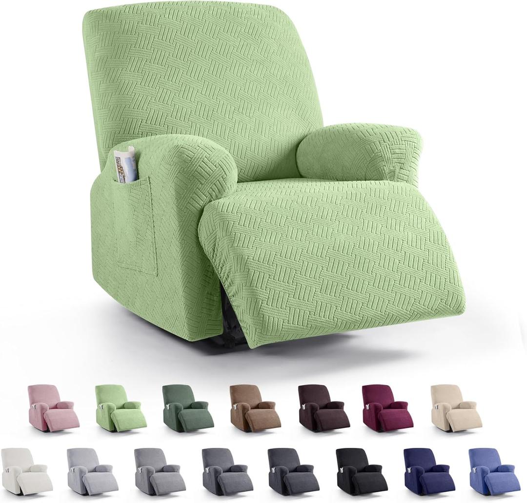 KinCam Recliner Covers, Stretch Reclining Chair Covers, Recliner Sofa Slipcovers Stripe Jacquard Recliner Couch Covers Furniture Protector Covers for Pet Kid (1 Seater, Light Green)