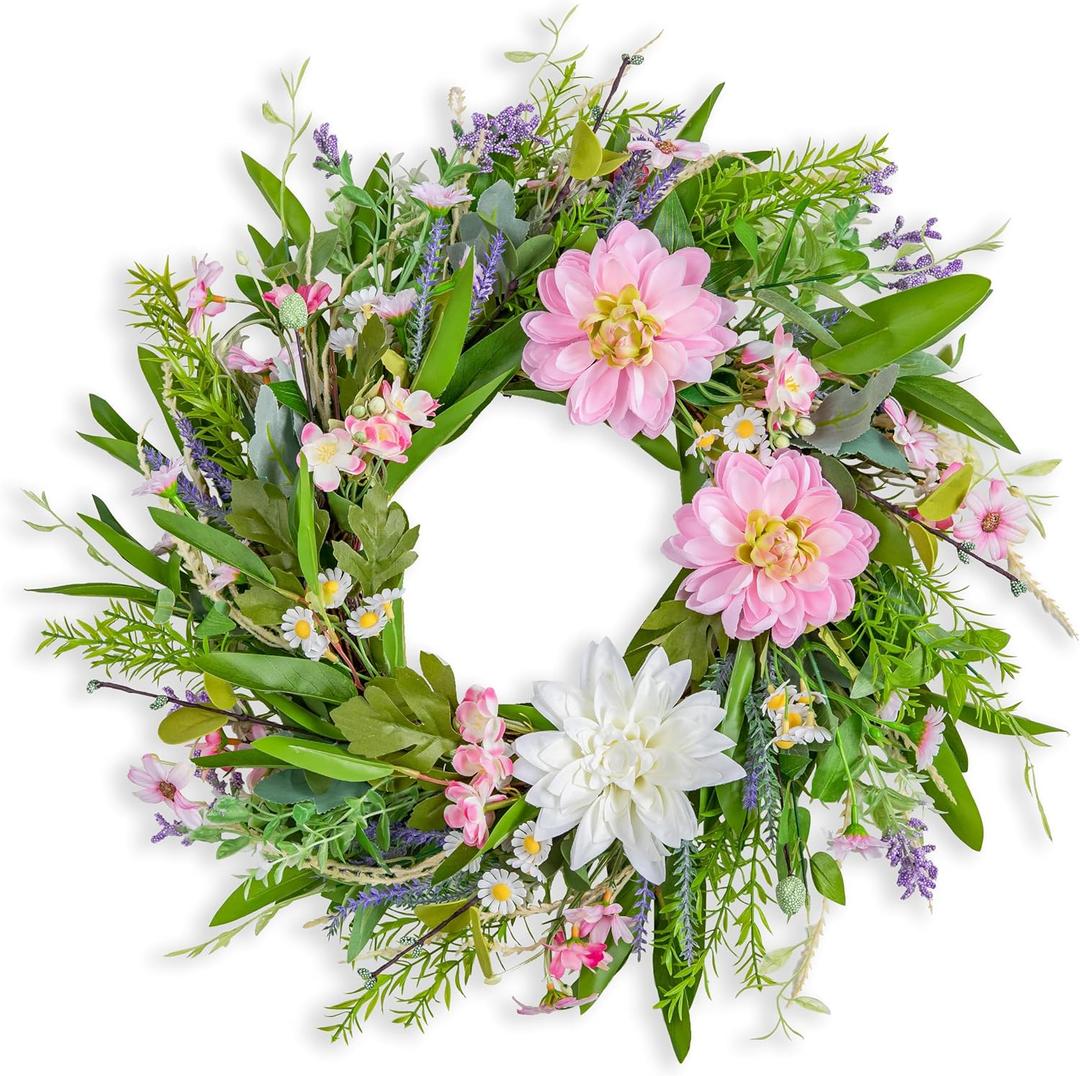 20'' Spring Wreath for Front Door - Pink Dahlia Artificial Flowers Summer Door Wreath with Natural Vine for Home Decor, Easter Wreaths, Farmhouse Front Door Decoration