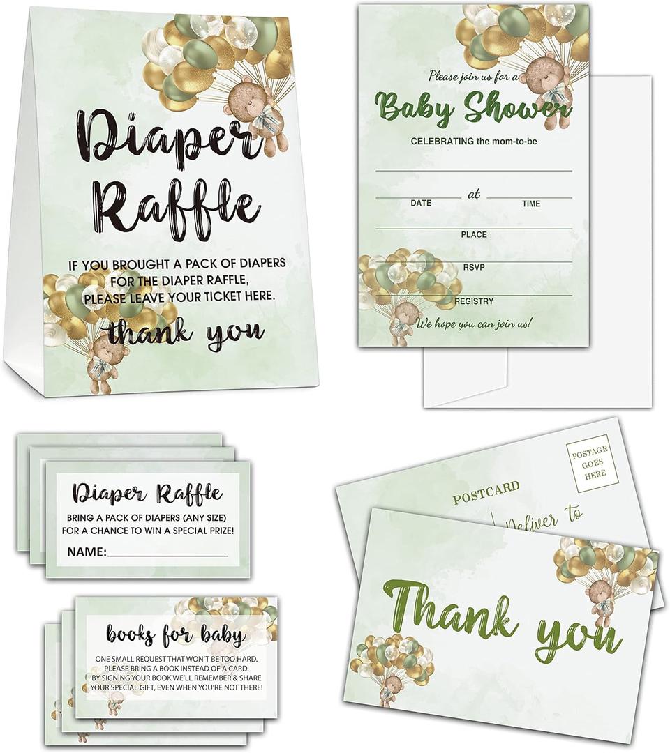 Baby Shower Cards Kit - We can Bearly Wait Set of 25 Baby Shower Invitations with Envelopes, Diaper Raffle Sign & Tickets, Thank You Postcards, Book Request Cards for Baby Shower - Watercolor Green