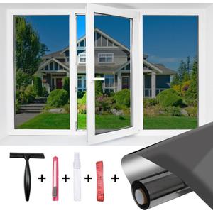 One Way Window Privacy Film, Mirror Tint Static Cling Heat Control Daytime Privacy Film UV Blocking Reflective with Installation Tools for Home Office, Black Silver, 17.5 x 78.7 Inches