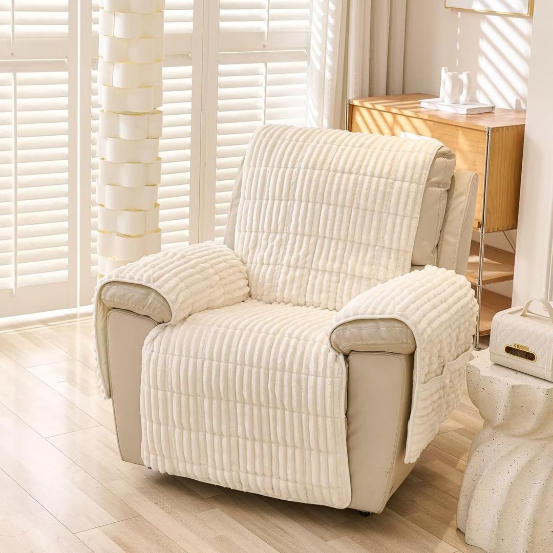 Recliner Cover for Lazy Boy Recliner Chair Covers,30Inches Washable Quilted Recliner Chair Covers with Side Pockets, White Furniture Protector for Pets/Kids