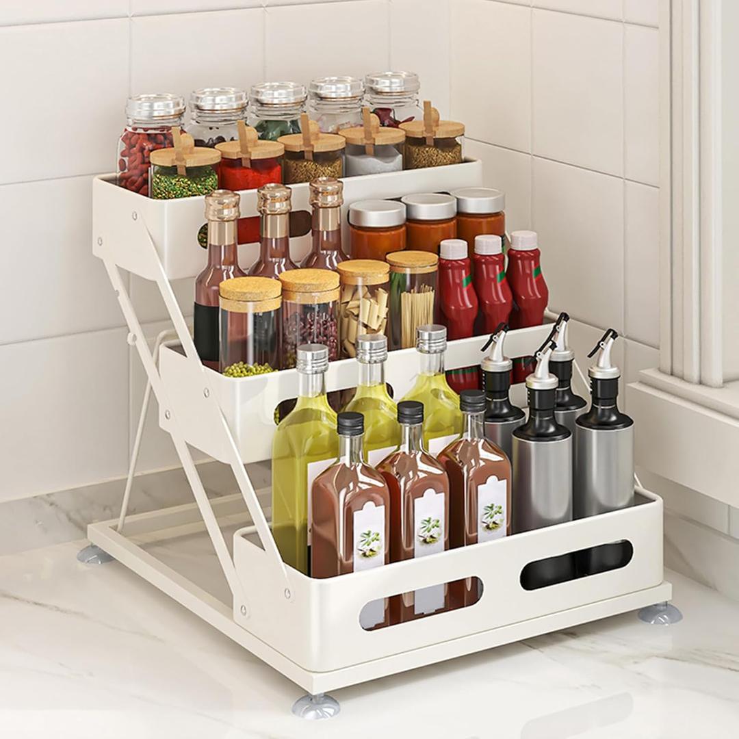 Ceetug 3 Tier Foldable Spice Rack for Countertop Iron Kitchen Seasoning Organizer for Cabinet, White