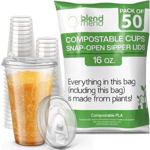 [16oz, 50 pack] Compostable Cups with Lids Eco plant based cups with strawless snap-fit sipper lids- Green Eco Friendly Alternative to Clear Plastic Cups with