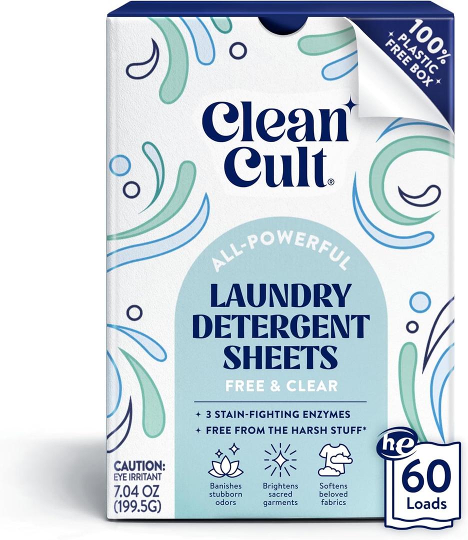 Cleancult Laundry Detergent Sheets - Resealable Box - 3 Stain Fighting Enzymes - Fragrance Free - 60 Loads - Free of Harsh Chemicals - No Mess - No Plastic Waste (60 Count (Pack of 1)