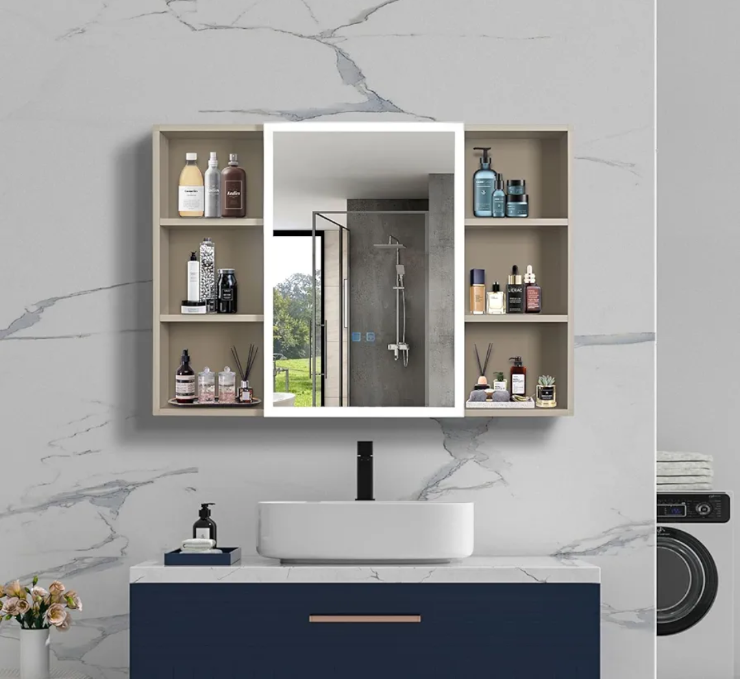 OKYSAI Defogging Mirror Cabinet, LED Mirror Door with Touch Switch, 35" L x 27.6" W, 6 Open Shelves, Multifunctional Storage Cabinet, Wall Mounted Aluminum Frame Lighting, Bathroom,Toilets(Khaki)