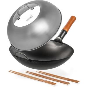 YOSUKATA Carbon Steel Wok Pan - 14  Woks and Stir Fry Pans + Reusable Natural Wooden Long Cooking Chopsticks Set of 3 pairs + Wok Lid 13.6 Inch -Premium Stainless Wok Cover with Tempered Glass Insert