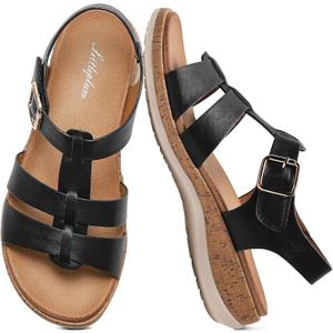 Littleplum Women's Flat Sandals– Comfortable Arch Support Womens Sandals, Summer Breathable Adjustable Orthotic Walking Shoes for Beach,Travel (Black), Size 10.5