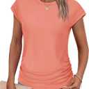 SAMPEEL Womens Summer Tops Trendy 2025 Ruched Cap Short Sleeve Tshirts Shirts Crew Neck T Shirts Fashion (X-Large, All Coral)