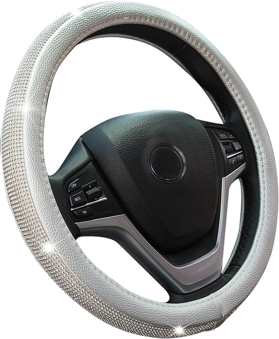 New Diamond Leather Steering Wheel Cover with Bling Bling Crystal Rhinestones, Universal Fit 15 Inch Car Wheel Protector for Women Girls Silver