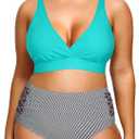 Yonique Womens Plus Size Bikini High Waisted Swimsuits Two Piece Bathing Suits Tummy Control Swimwear (22 Plus, Green and Stripes)
