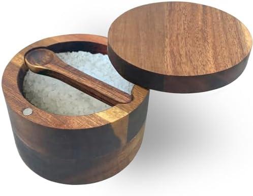 6.5 Ounce Acacia Wood Spice Box with Built In Spoon and Magnetic Rotating Lid Elegant Kitchen Salt Container Holder for Storing Pepper Spices Salt or Your Favorite Seasonings