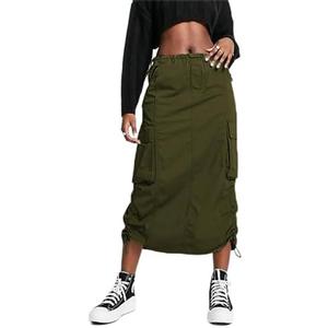 BLUEMING Women Y2k Cargo Long Skirt Low Waist Drawstring Maxi Skirt Ruched Vintage Slit Cargo Skirt with Pockets L