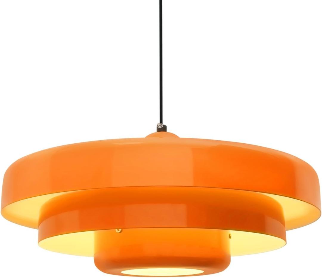 19.7" Large Mid Century Chandelier, 3-Tier Orange Metal Shade Pendant Light, Industrial Adjustable Ceiling Hanging Fixture for Dining Room, Hallway, Bedroom