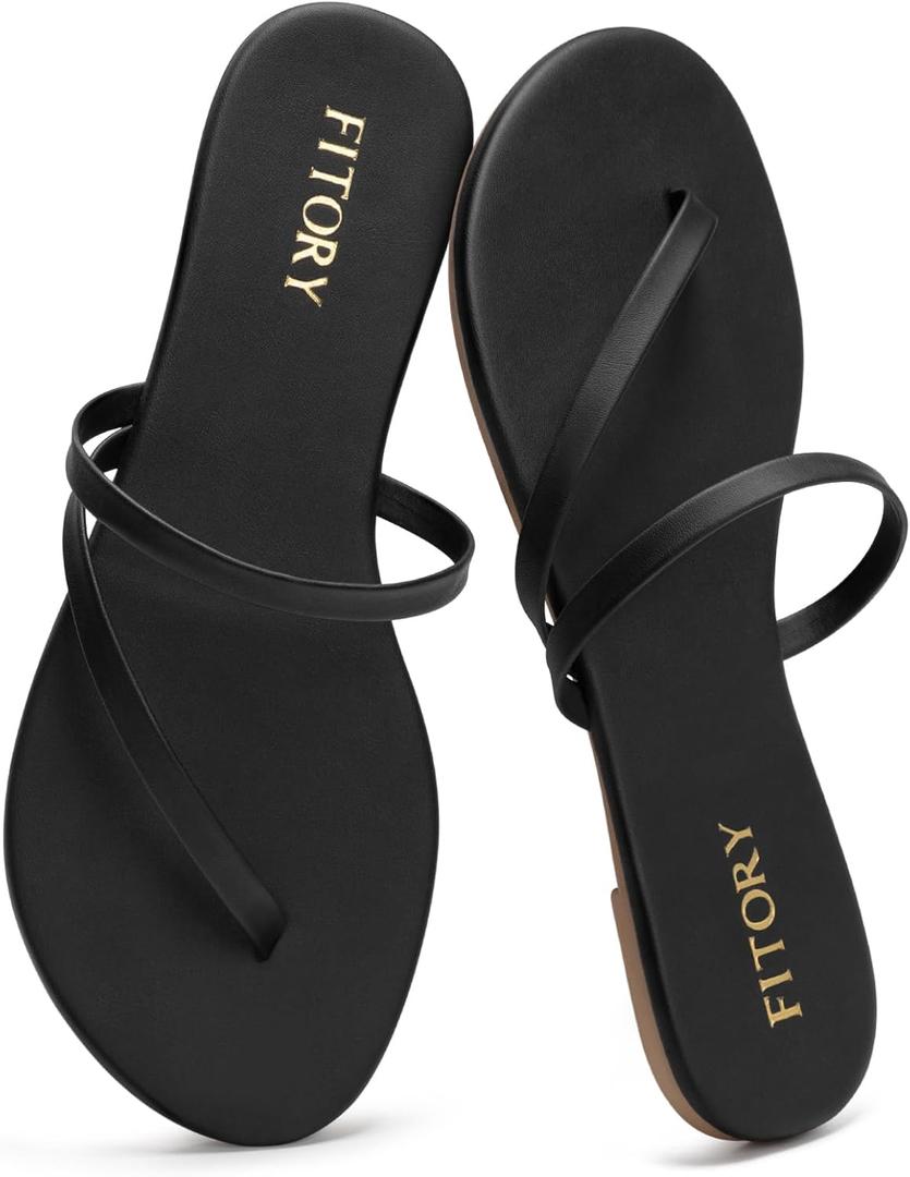 FITORY Womens Flip Flops, Strappy Open Toe Flat Sandals for Summer 2026, Lightweight and Comfortable Slides for Beach and Casual Walking, Indoor and Outdoor Size 7 (Black)