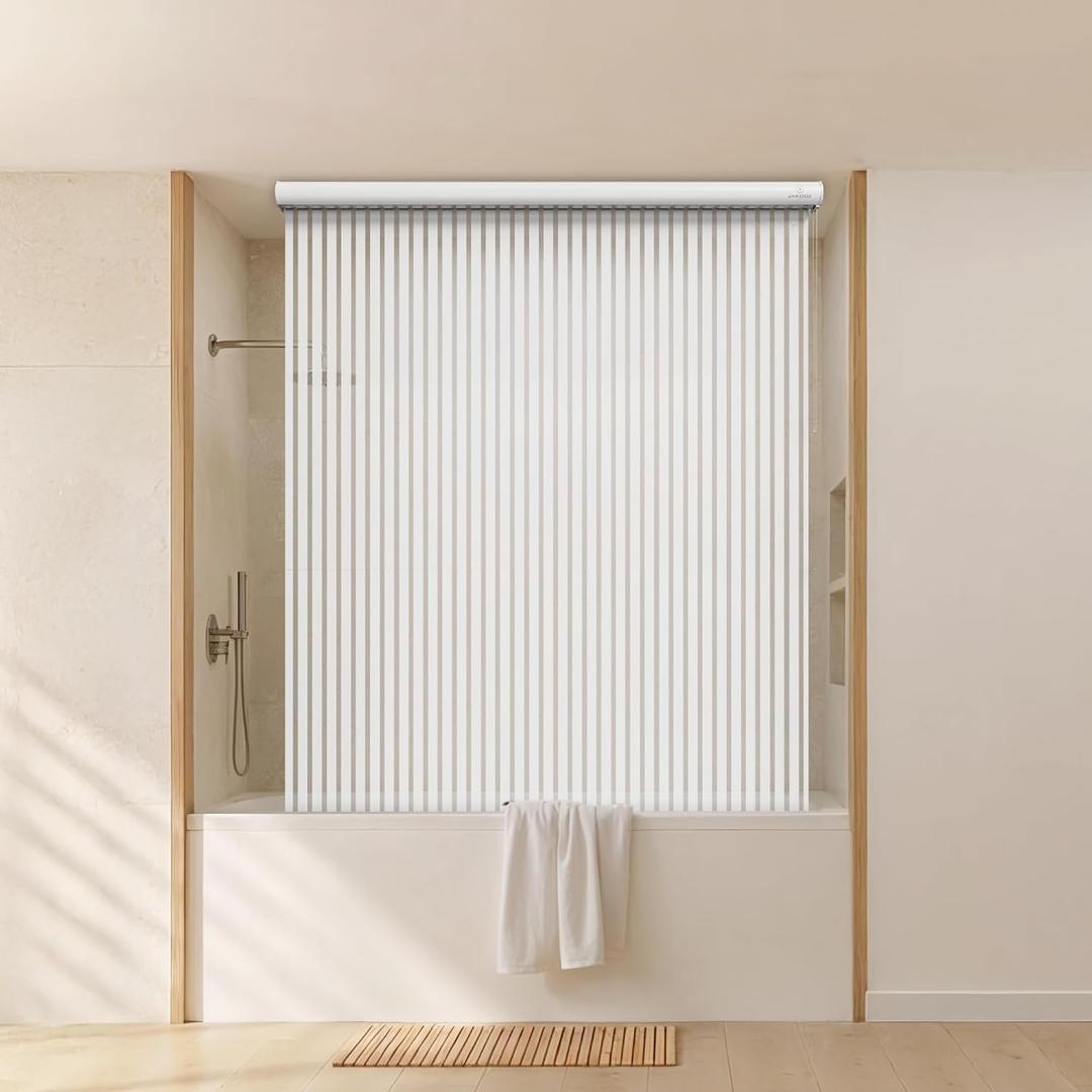Ceiling Mounted Rollup Bathroom Shower Curtain/Liner 56" Base Up to 95" Long - Use for 9' Ceilings Waterproof PEVA Plastic Shower Curtains for Bathroom No Rod, Hooks or Rings (Stripe)