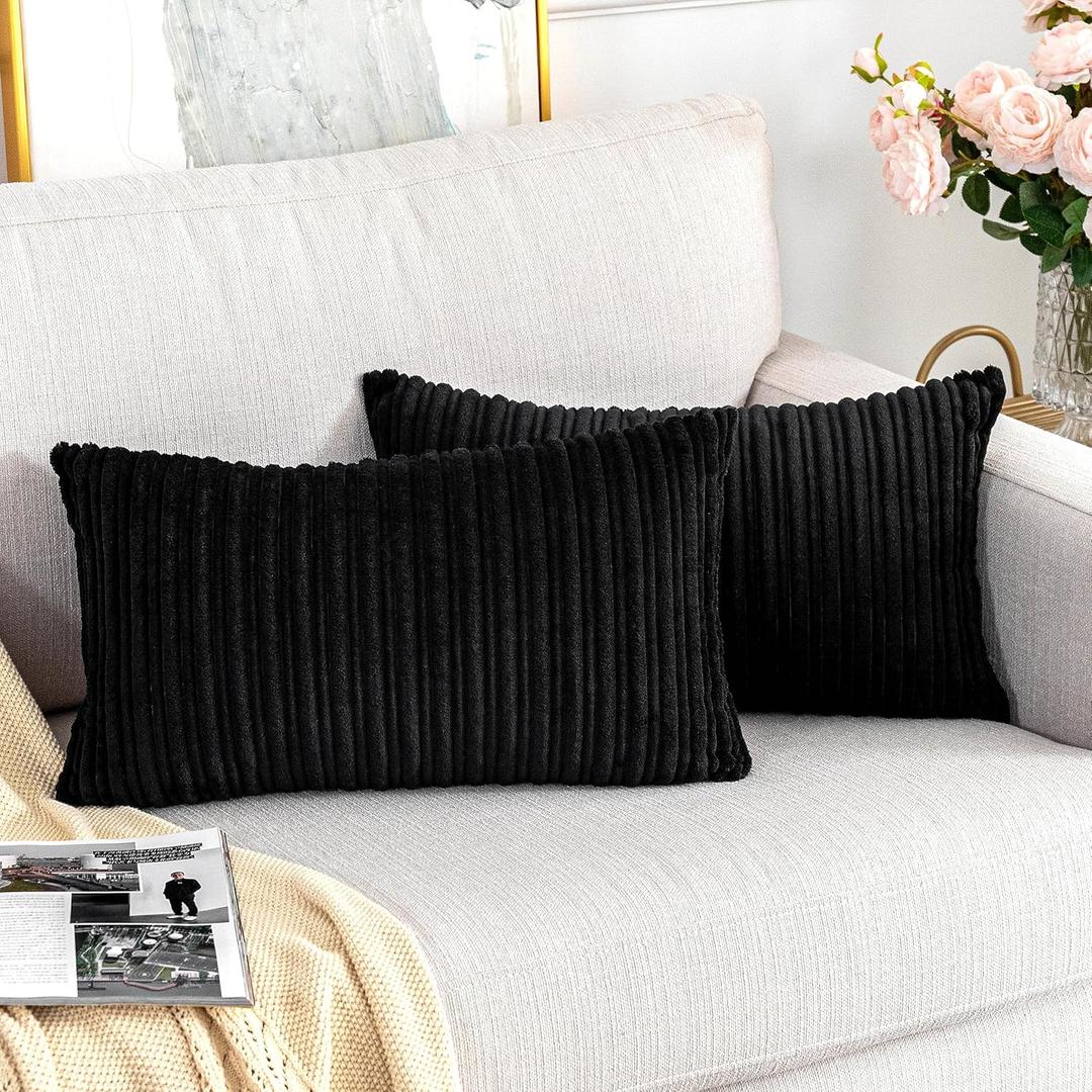UGASA Corduroy Striped Soft Soild Decorative Throw Pillow Covers Set Cushion Cases Pillowcases for Sofa Bedroom, 2 Pcs, 12x20inch, Black (20" x 12" (Pack of 2))