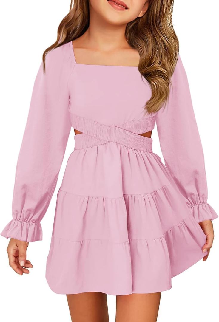 Haloumoning Girls Dresses Long Sleeve Square Neck Crossover Waist Casual A-Line Spring Fall Dress Nude Pink 9-10Y
