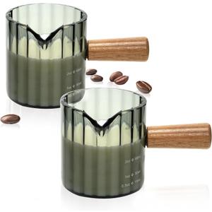 Espresso Cups Set of 2, 4 OZ Espresso Shot Glasses with Wood Handle, V-Shaped Spouts Cups, Ribbed Milk Frothing Pitcher, Glass Measuring Cup, Coffee Espresso Accessories, Demitasse Cups, Small (Gray)