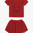 WDIRARA Women's Sleepwear Closed Eyes Print Tee and Shorts Pajama Set, Red, XXL