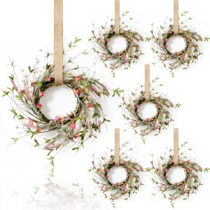 6 Pcs Small Spring Summer Hanging Wreaths for Cabinets with Green Leaves Artificial Mini Candle Ring Wreath with Pink Flowers and Lavender for Home Kitchen Front Door Window Porch Wall Wedding