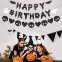 Black Glitter Halloween Birthday Banner, Pre-Strung Happy Birthday Halloween Banner Ghosts Hearts Skulls Bats Hanging Paper Garland Photo Prop for Wall Mantle Home Supplies