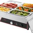 VEVOR Commercial Food Warmer, 1500W Electric Stainless Steel Steam Food Warming with Lid, 6-Pan Fast Heating Countertop Buffet Bain Marie with Power Cord, for Catering, Restaurant, Party & Buffets