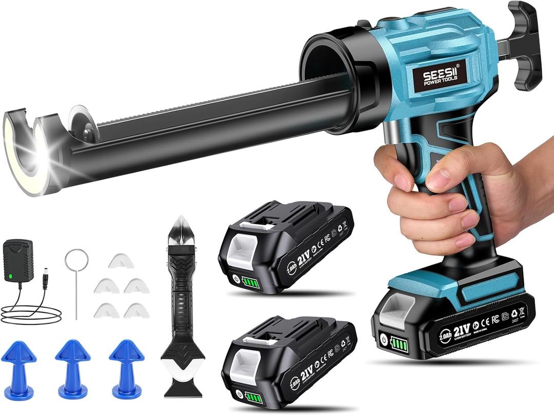 SEESII Cordless Caulking Gun, 21V Battery Powered Caulk Gun, Electric Caulking Gun w/1 x 2.0Ah Batteries,  Caulk Remover Tool, LED Light, Auto Retract for Filling, Sealing (Blue)