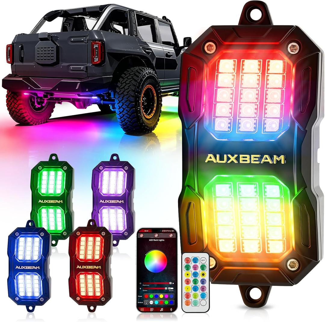 Auxbeam 4 Pods RGB LED Rock Lights Dynamic Color Changing with Brake Mode Wheel Well Lights w/Bluetooth APP+Remote Control Music Voice Sync IP67 Waterproof Underglow Kit for Trucks ATV 