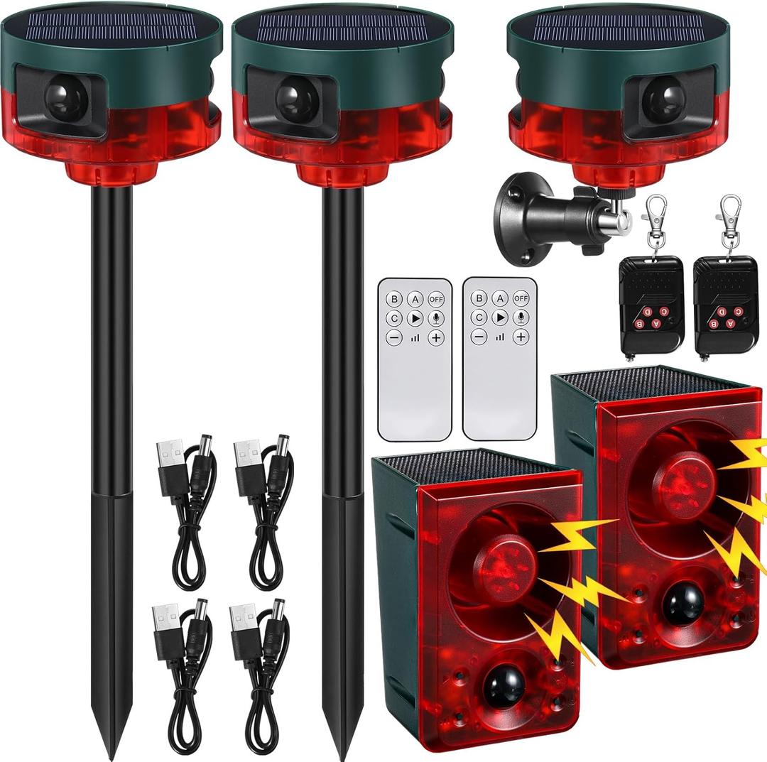 Qualirey 4 Pack Solar Outdoor Motion Sensor Alarm in 2 130db Loud Noise Maker Support Recording Adjustable Volume Strobe Light Multiple Mode with Remote Control and USB Charging Cable