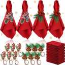Sliner 24 Pcs Christmas Napkins and Ring Set 12 Pcs Red Washable Christmas Napkins Cloth and 12 Pcs Xmas Napkin Rings Holder for Holiday Dinner Party(Artificial Plants,Pine Cone)