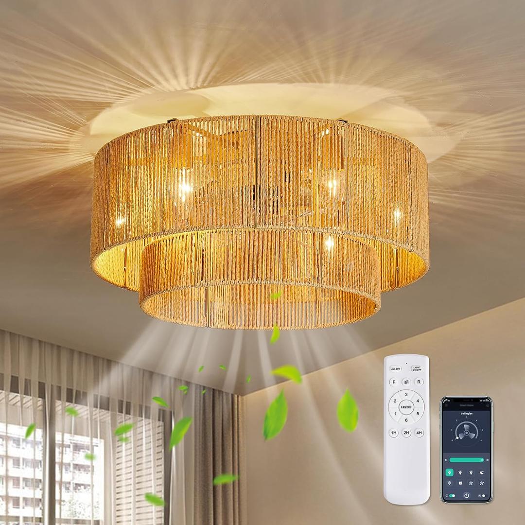 Boho Ceiling Fan with Light Rattan Flush Mount Ceiling Fans with Remote Control 20 Inch Enclosed 7 Speeds for Bedroom Living Room Kitchen Farmhouse Dining Room (2tier)