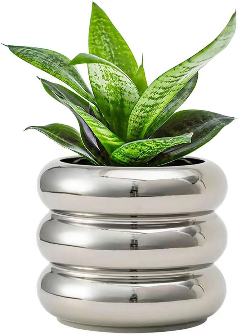 Ceramic Plant Pot Indoor, 4.5 Inch Flower Pot with Drainage Hole, Small Bubble Design Ceramic Planter for Home & Office Decor (Silver), 4.7inch