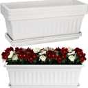 HOXHA Window Box Planter, Plastic Vegetable Flower Planter Boxes with Tray, Rectangular Indoor and Outdoor Flower Pots for Windowsill, Patio, Porch, Garden Balcony (White 6 Pack)