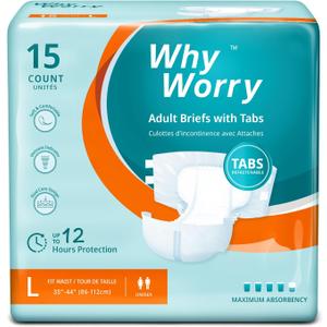 WhyWorry Adult Diapers with Tabs, Disposable Incontinence Briefs for Women & Men with Maximum Absorbency, Adult Briefs for Incontinence Overnight, Odor Control, Unisex, Large, 15 Count
