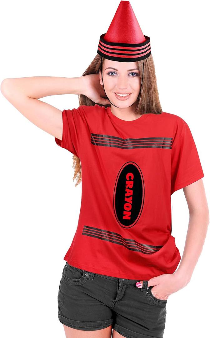 2 Pcs Crayon Shirt Funny Gnome Cone Hats Set for Adults Women Men Crayon Halloween Costume Unisex T-Shirt (XX-Large, Red)
