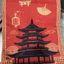 Fanfanwin 4 Pcs Hibachi Party Decorations Hibachi Table Runners 13 x 72 Inch, Faux Linen Table Covers, Asian Pagoda Lantern Print Red Tablecloth for Chinese Japanese Themed Birthday Party Supplies
