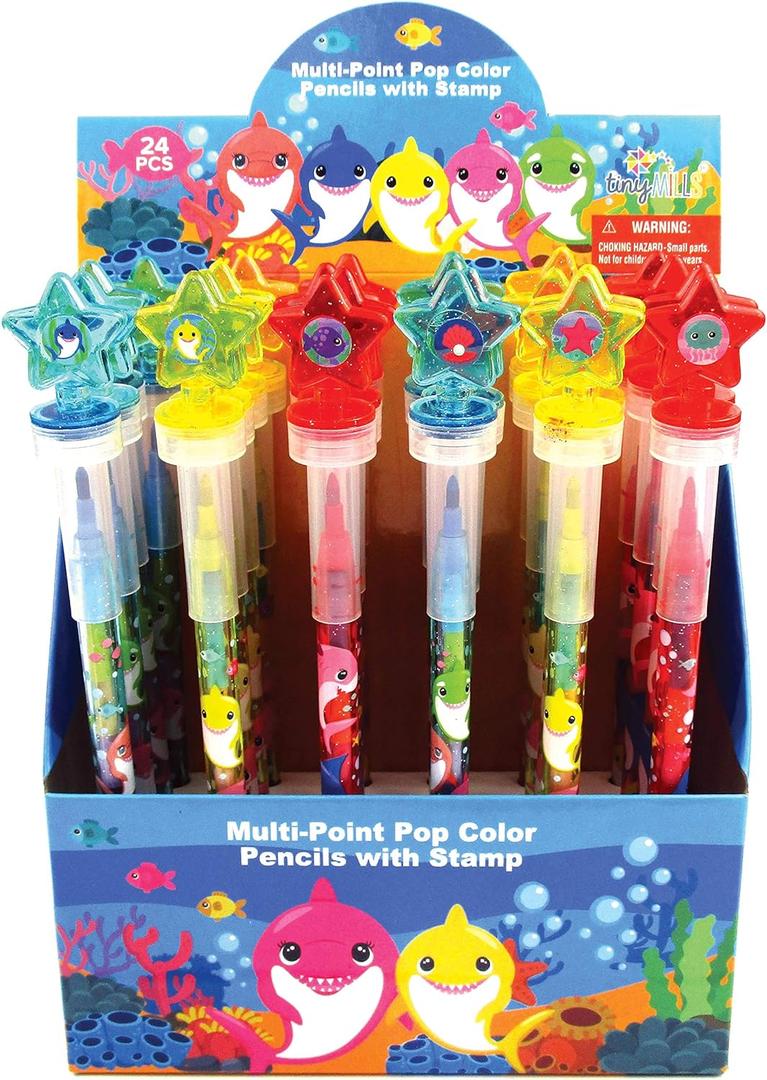 TINYMILLS 24 Pcs Shark Family 2 in 1 Stackable Stacking Crayon with Extra Stamper Topper, Kids Party Favors, Goodie Bag Stuffers, Classroom Rewards, Prizes