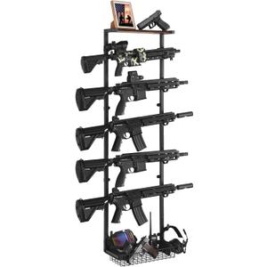 Gun Rack Wall Mount, 6 Gun Rack for Wall with Storage Basket, Rifle Racks Wall Mount Gun Display for Hunting Rifle Airsoft Gun Holder, Black (L- 6 Hooks)